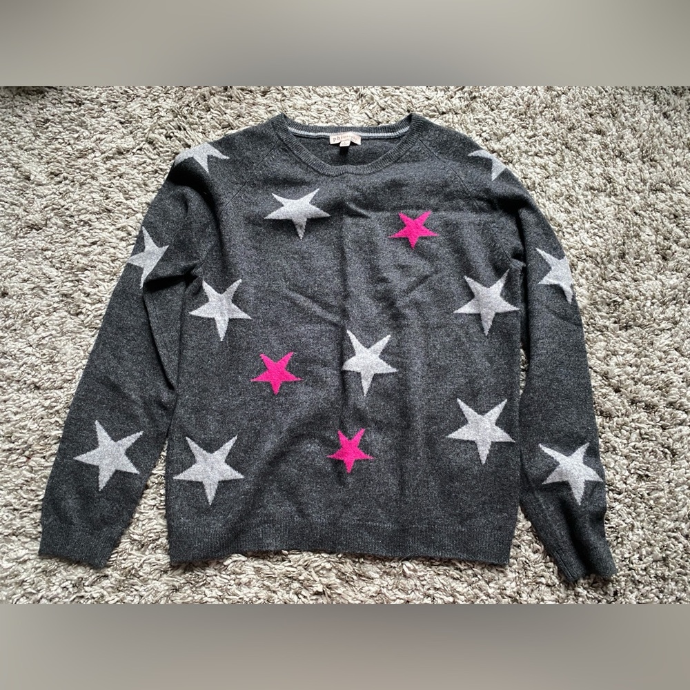 Philosophy Charcoal Gray Star Crewneck Sweater with Pink Accents